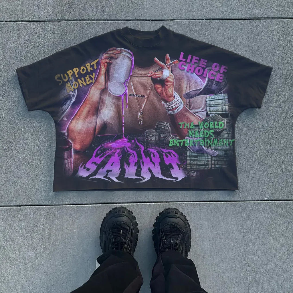 Black boxy cropped graphic tee, Y2K streetwear — product view