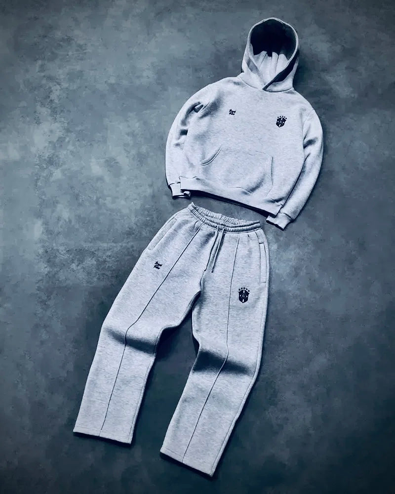 Grey and black matching sweatsuit set — front view