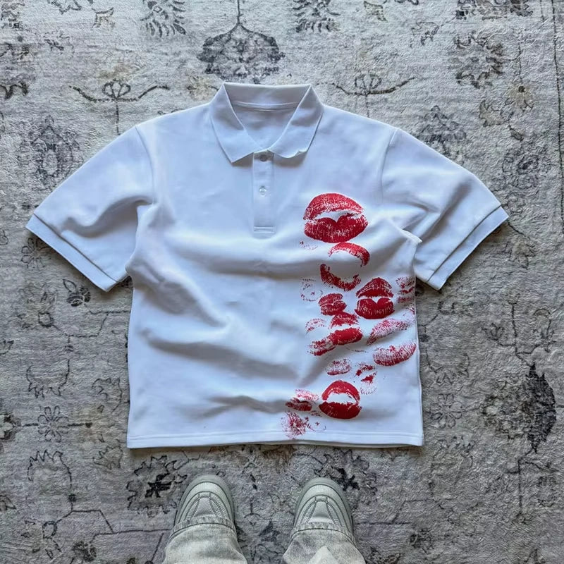 Makeup kiss print polo shirt — detail view