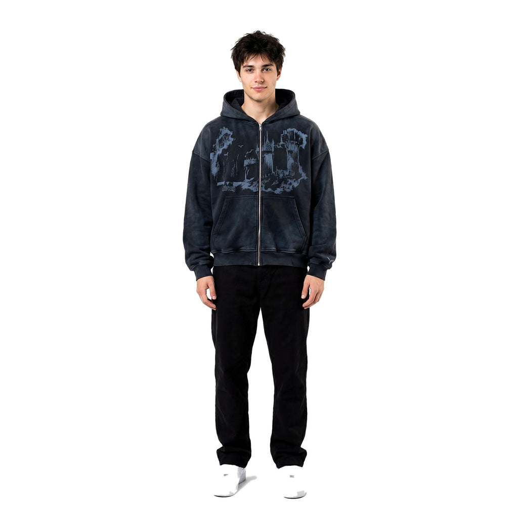Male model in the all-over print emo hoodie, dark Y2K streetwear (print 1)