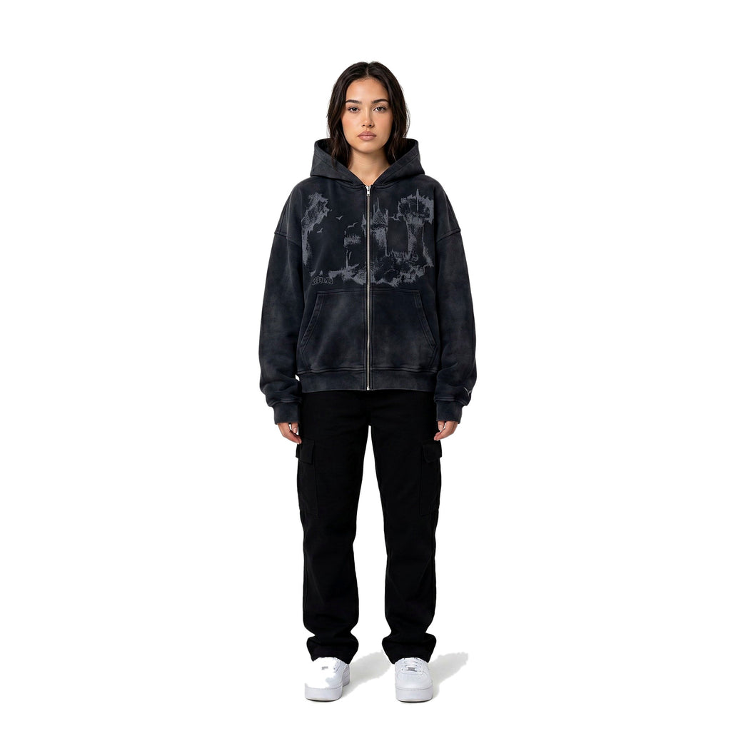 Female model wearing the all-over print emo hoodie, streetwear (print 5)