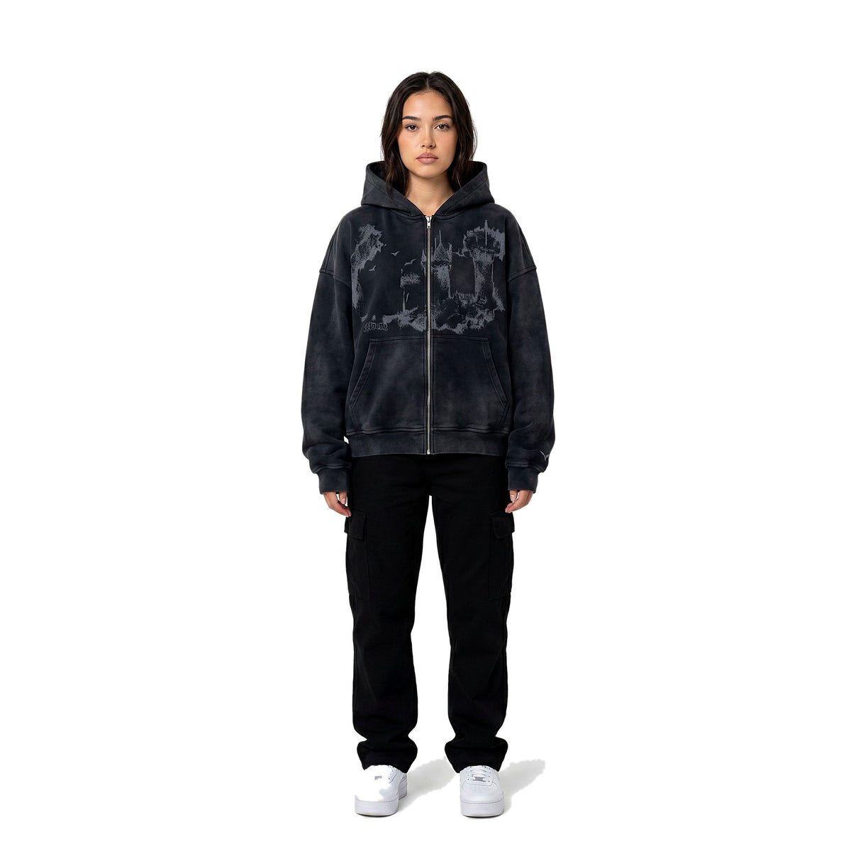 Female model wearing the all-over print emo hoodie, streetwear (print 5)