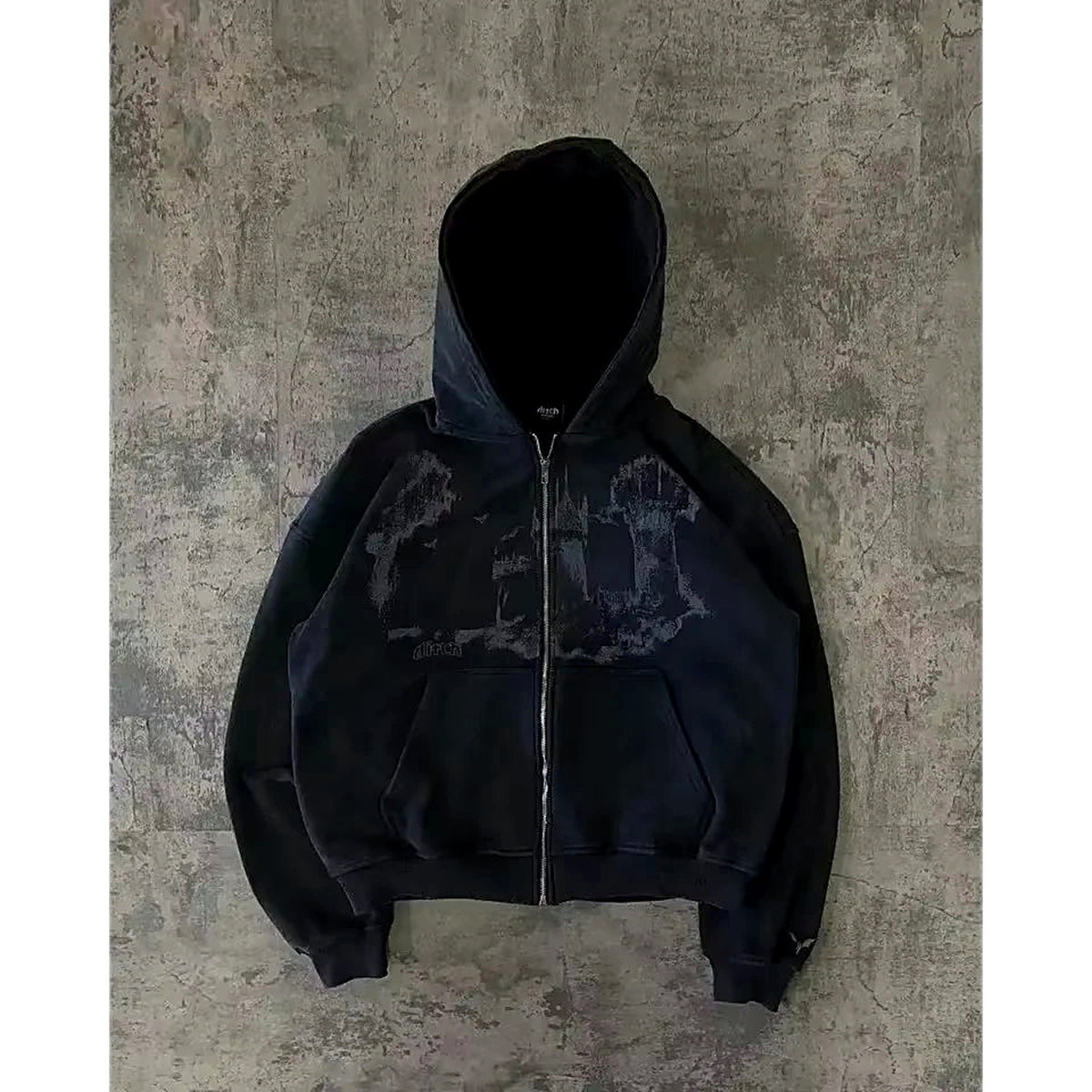 All-over print emo hoodie with gothic Harajuku graphic — flat product view