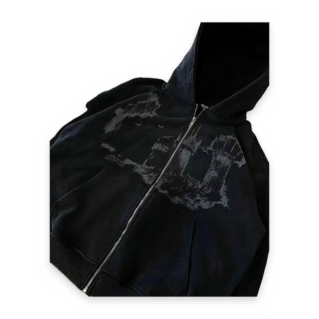 Oversized all-over print emo hoodie — flat lay, full gothic print