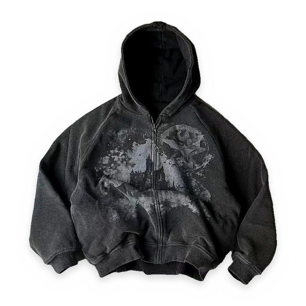 All-over print gothic hoodie, oversized Y2K streetwear — flat lay