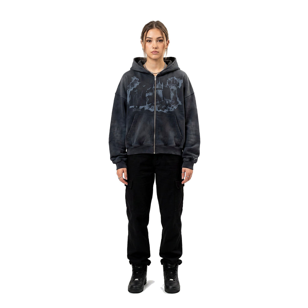 Female model wearing the all-over print emo hoodie (print 1)