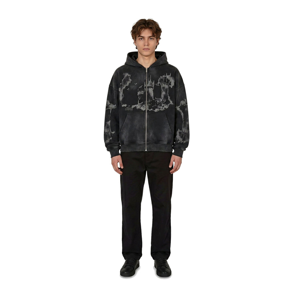 Man wearing all-over print emo hoodie, oversized streetwear (print 2)