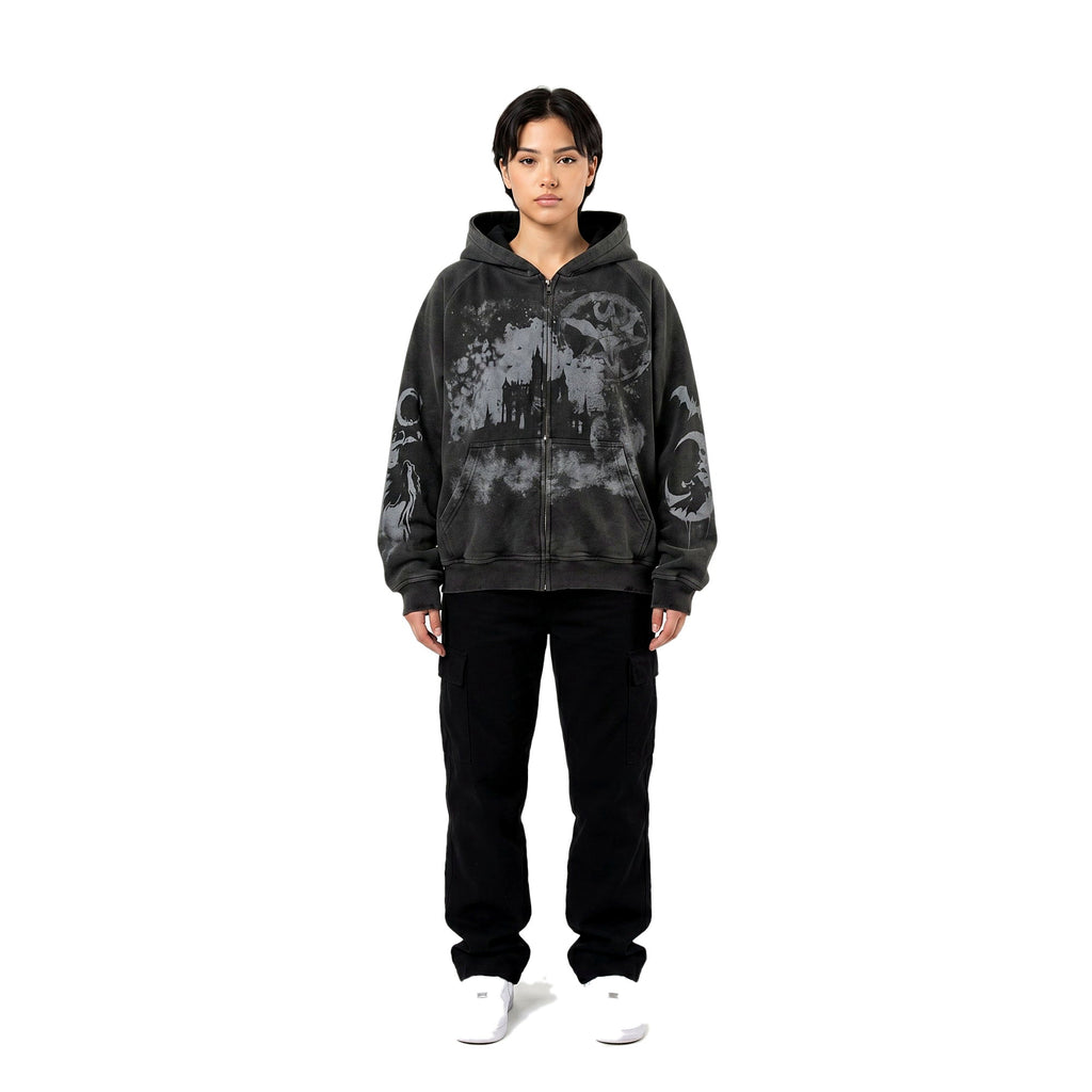 Female model wearing the all-over print emo hoodie (print 3)