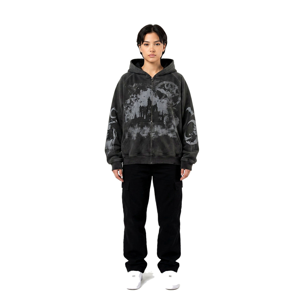 Female model wearing the all-over print emo hoodie (print 3)