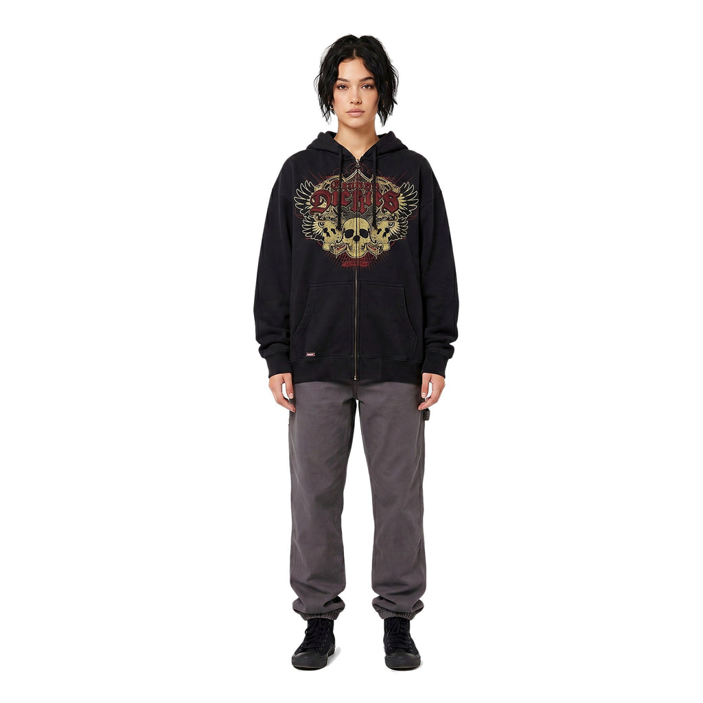 Woman wearing all-over print emo hoodie (print 4)