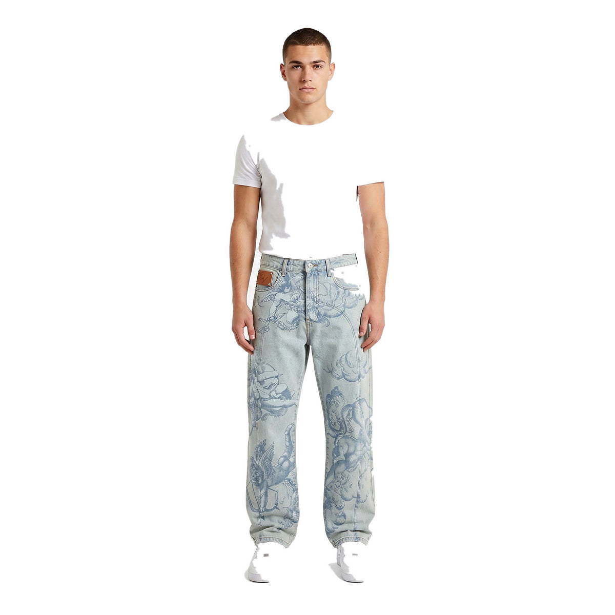 Male model in the angel embroidered baggy jeans, light blue
