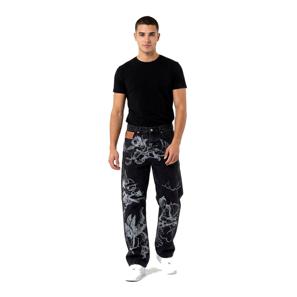 Male model wearing the angel embroidered baggy jeans in black