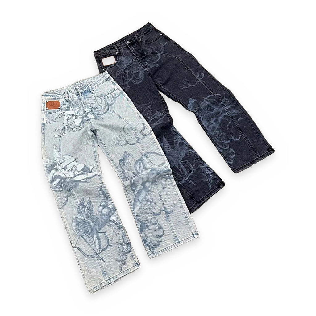 Angel embroidered baggy jeans — embroidery detail