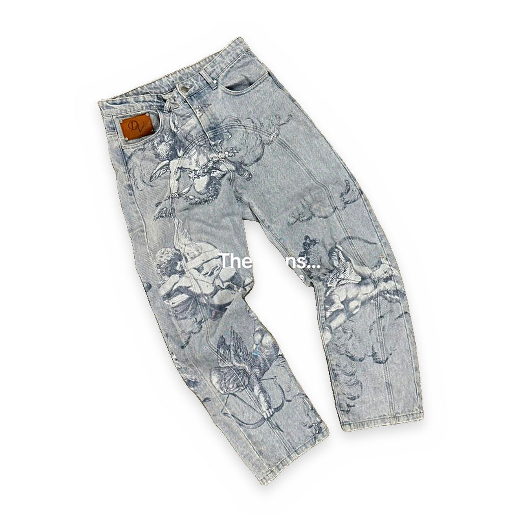 Angel embroidered baggy Y2K jeans — detail view