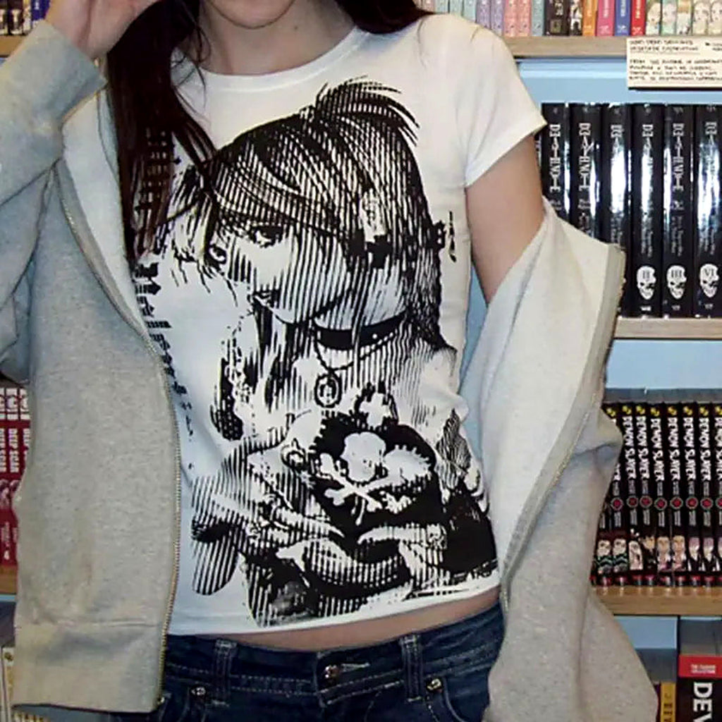 Anime graphic crop tee in black — product view