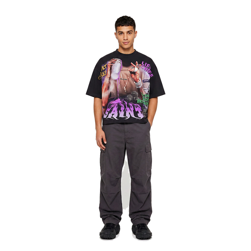 Model wearing the black boxy cropped graphic tee, Sleepy Apparel Y2K streetwear (print 1)