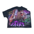 Black boxy cropped graphic tee, Y2K streetwear — product view