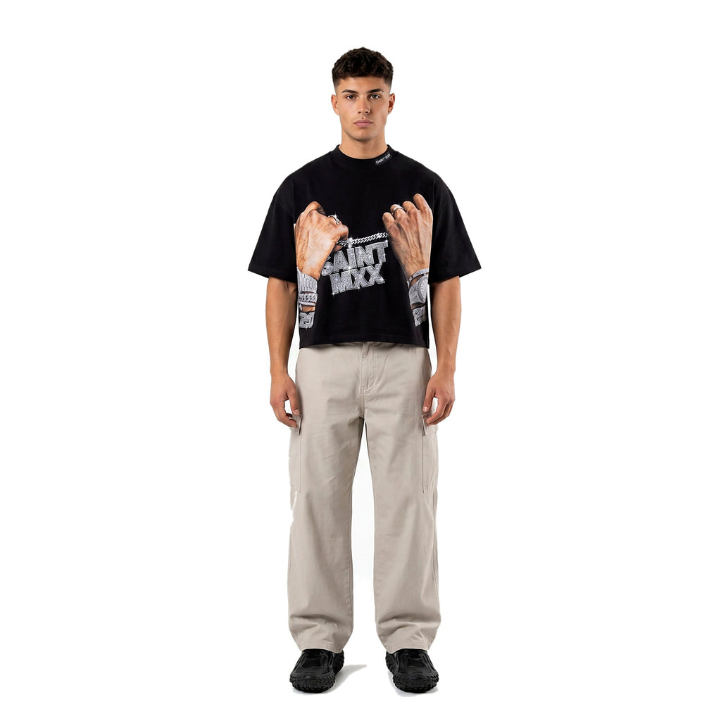Black boxy cropped graphic tee, Y2K streetwear fit on model (print 4)
