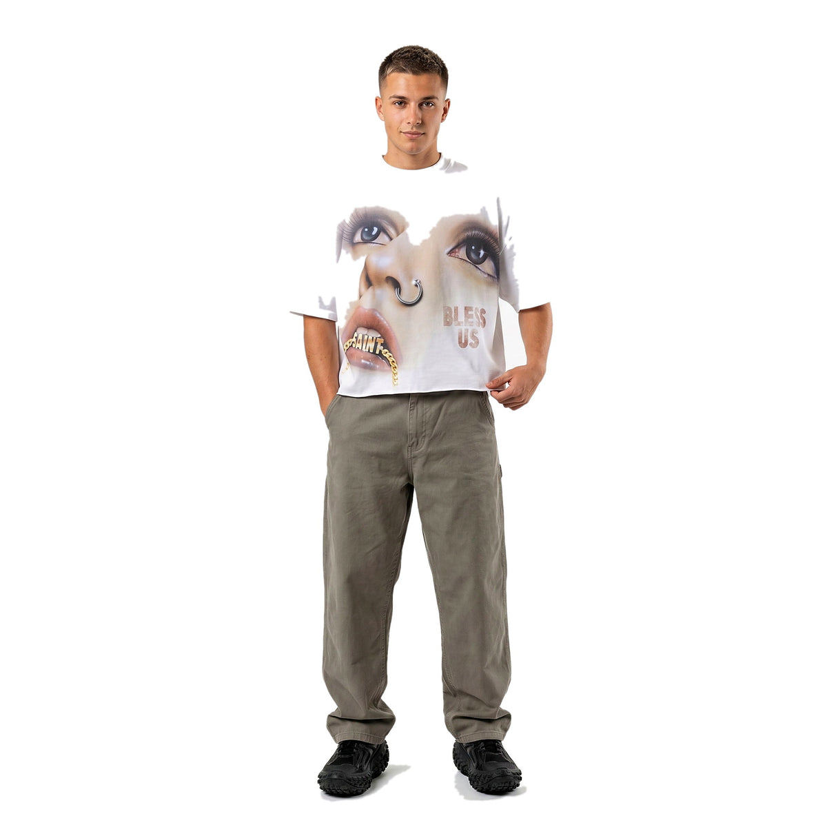 Black boxy cropped graphic streetwear tee on model (print 6)