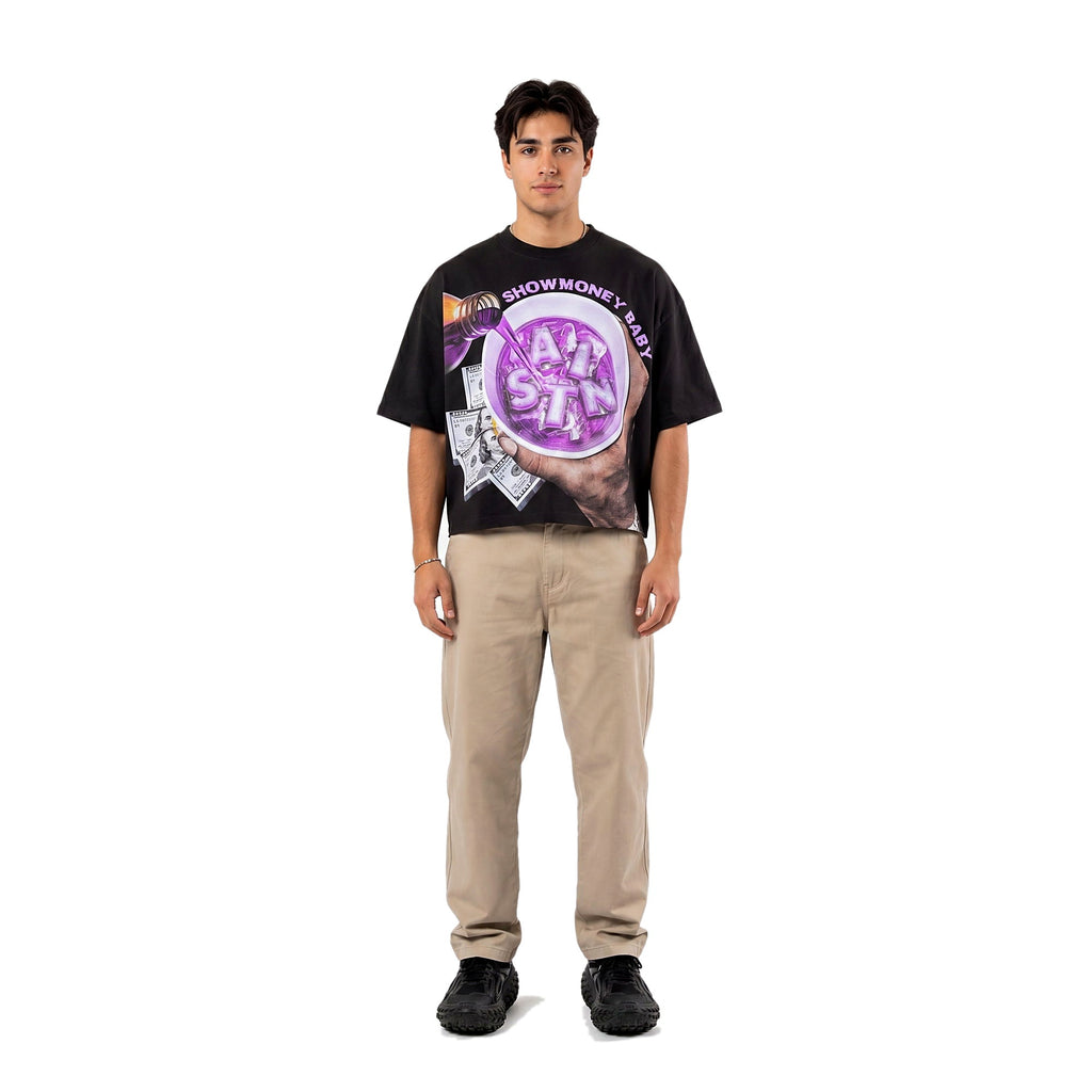 Black boxy cropped graphic tee on model (print 8)