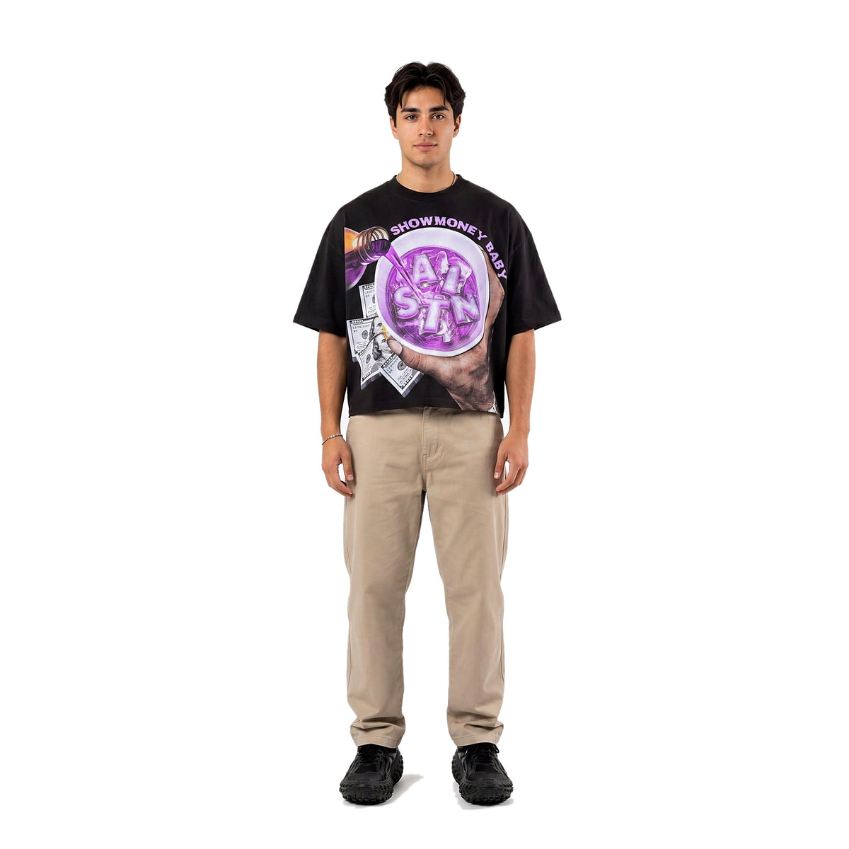 Black boxy cropped graphic tee on model (print 8)