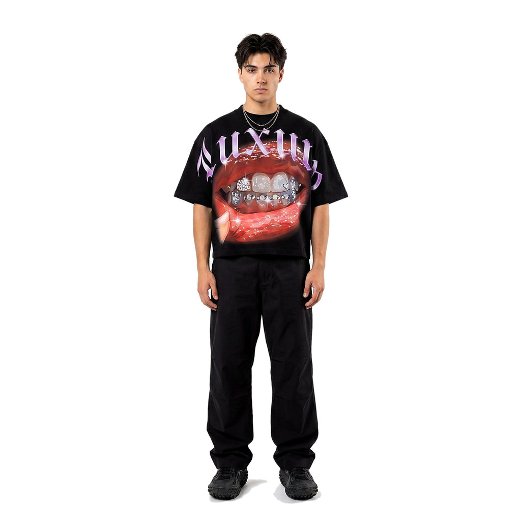 Model wearing the black boxy cropped graphic tee, streetwear (print 9)