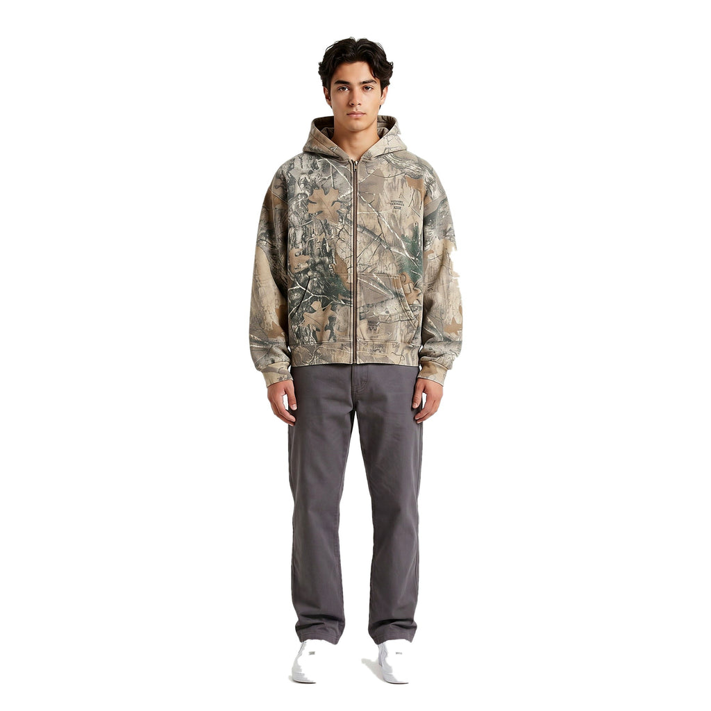 Male model in the camo oversized zip-up hoodie, streetwear