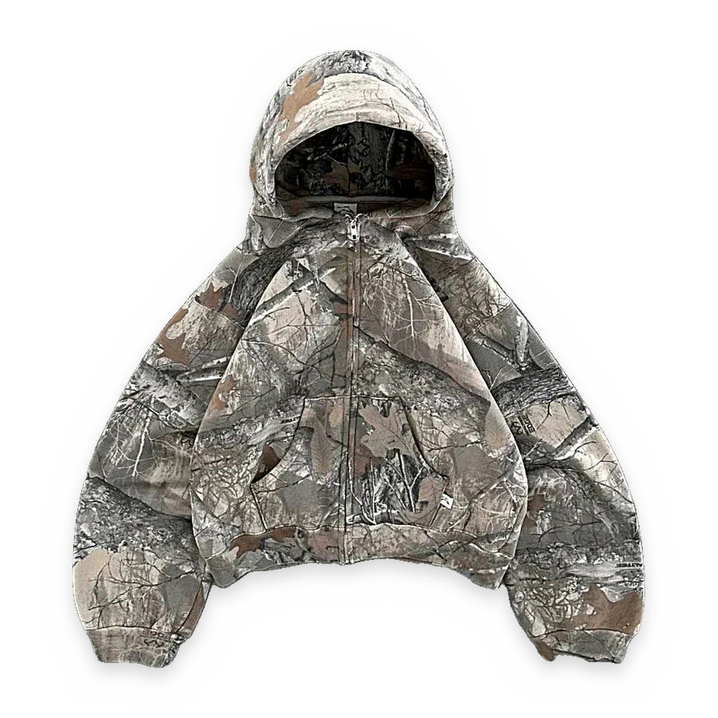Camo oversized hoodie with retro camo print — flat product view, unisex Y2K streetwear
