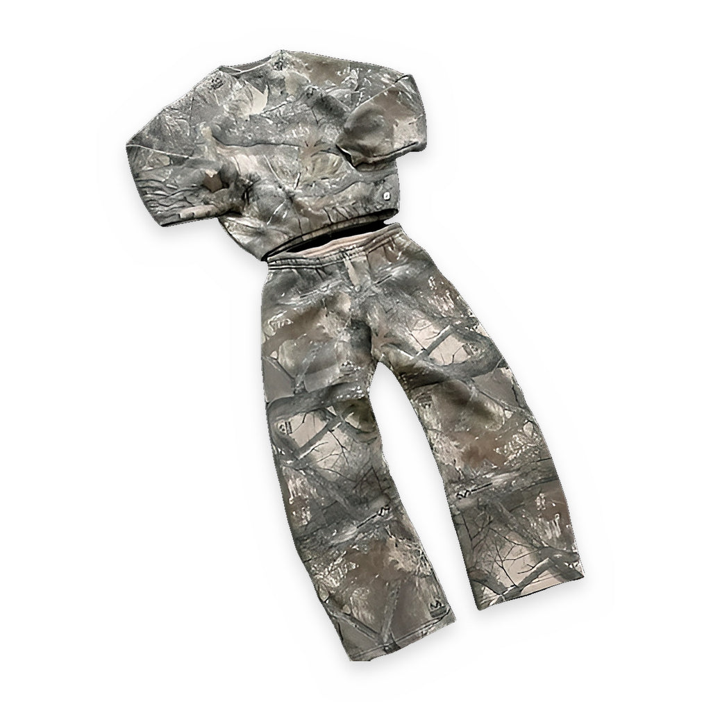 Camo two-piece sweatsuit set, streetwear — front view