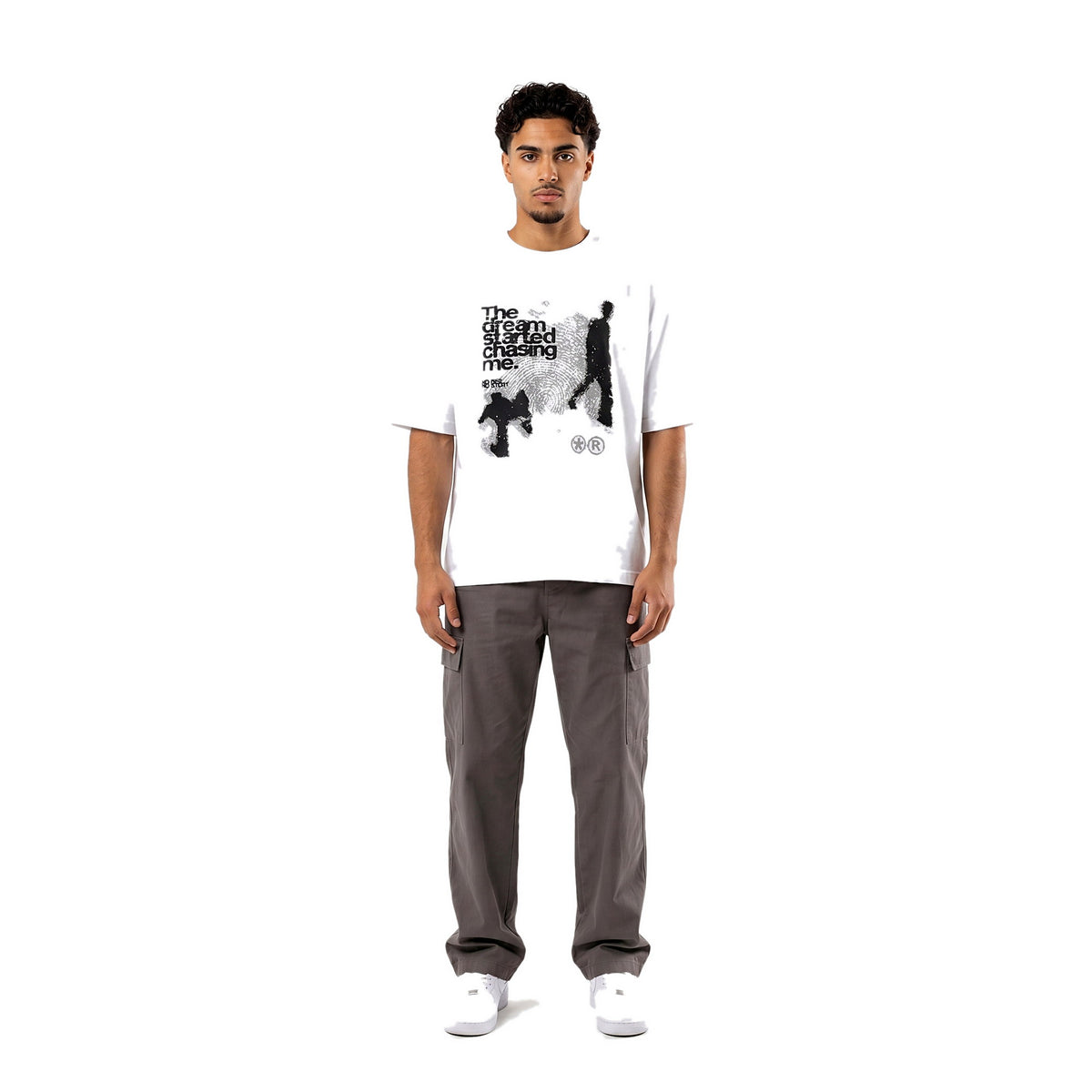 Model wearing The Dream Started Chasing Me oversized graphic tee