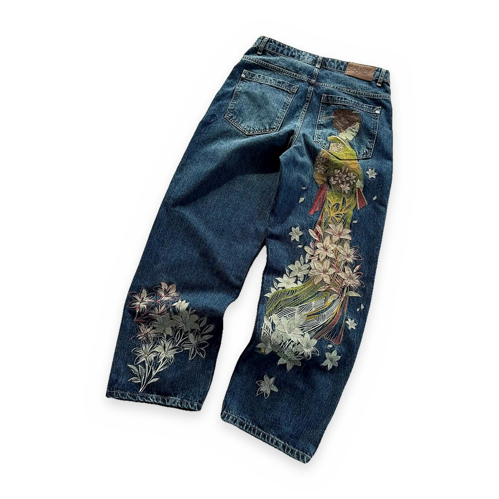 Embroidered baggy wide-leg Y2K denim jeans, detail view