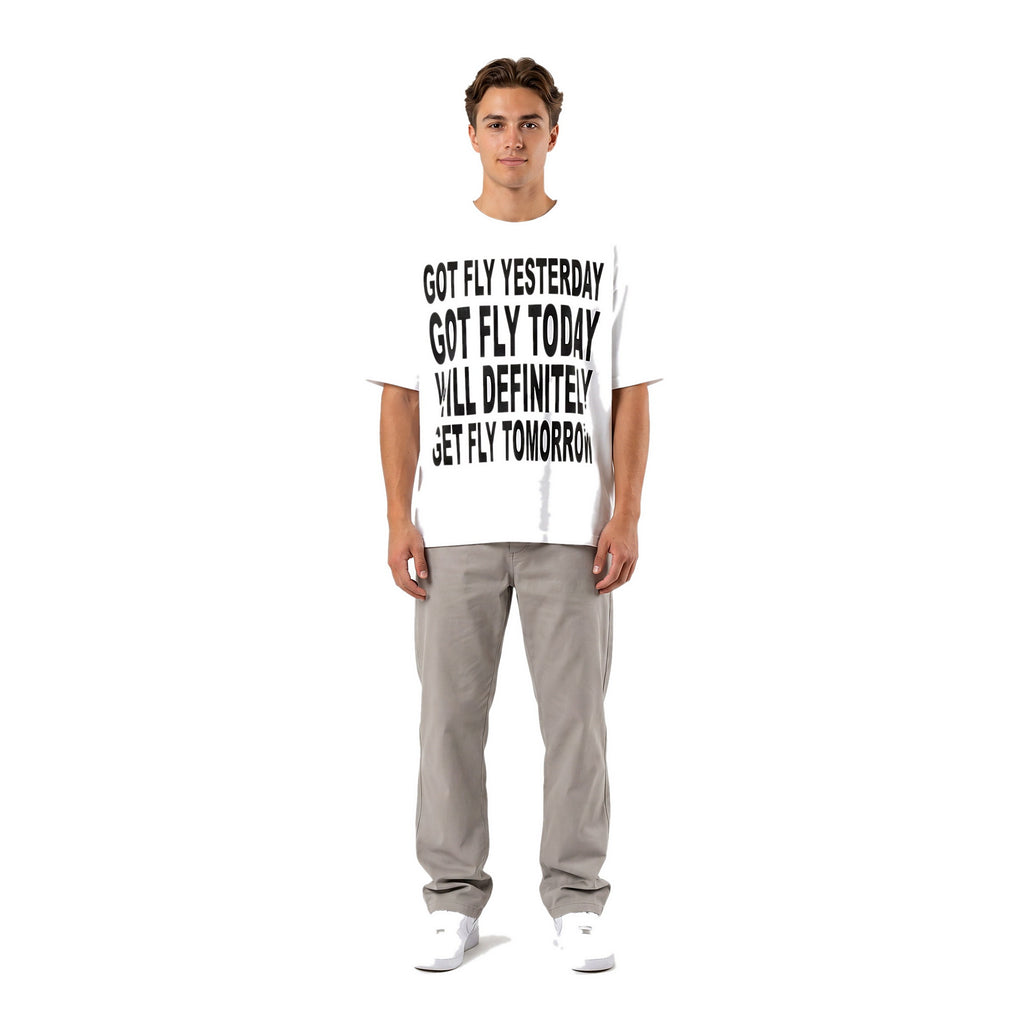 Male model wearing the Got Fly oversized graphic tee, Y2K streetwear