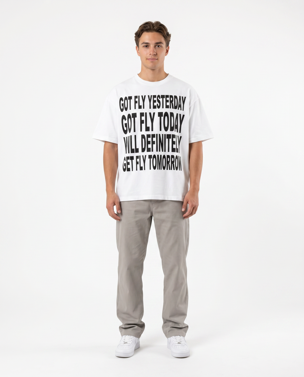 Male model wearing the Got Fly oversized graphic tee, Y2K streetwear