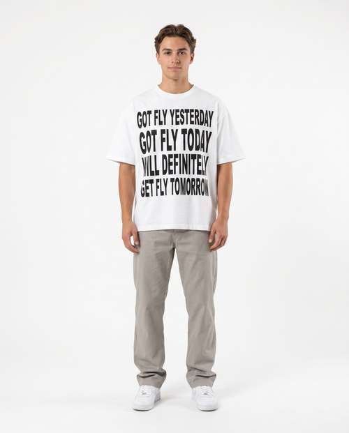 Male model wearing the Got Fly Oversized Graphic Tee — Sleepy Apparel