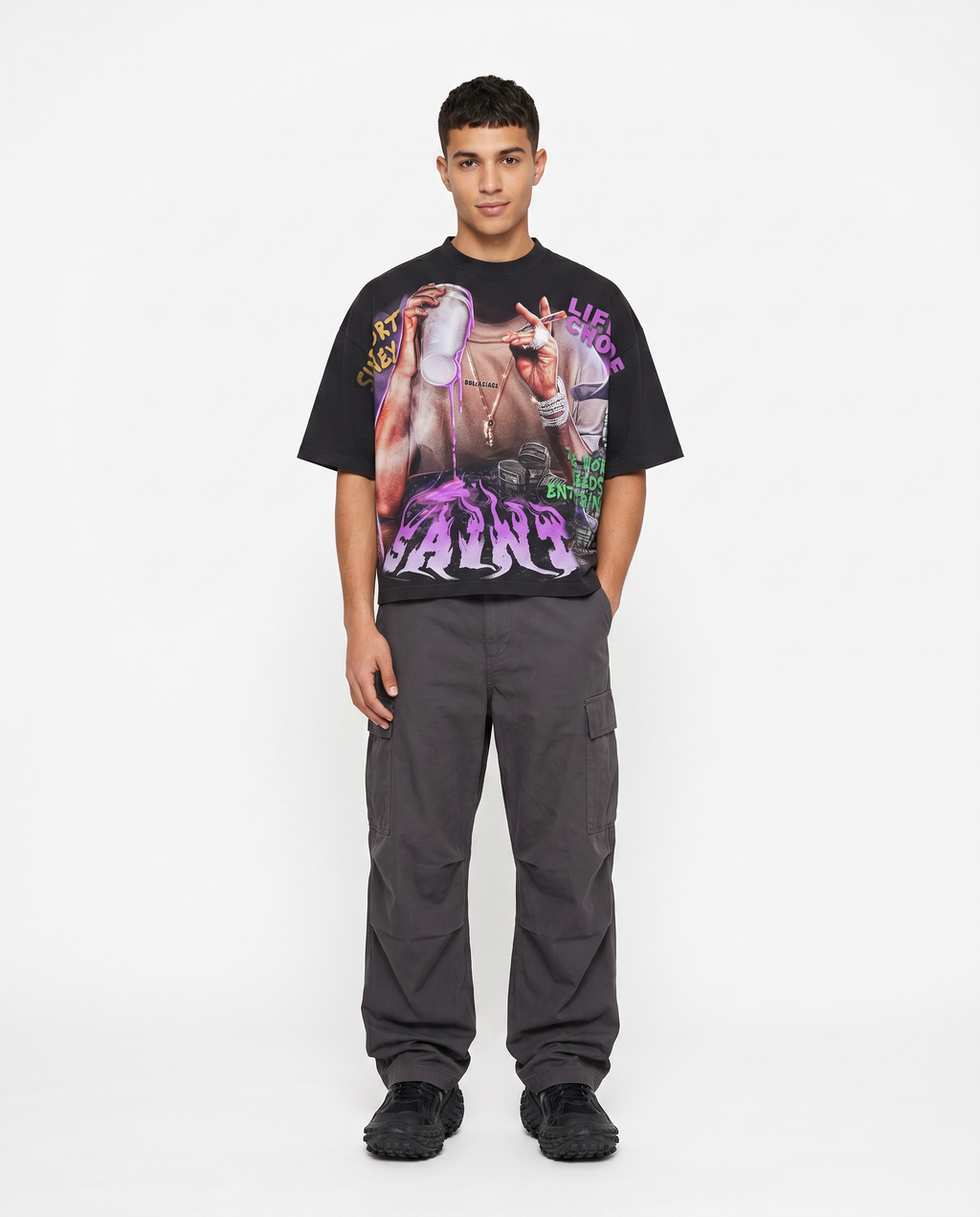 Model wearing the black boxy cropped graphic tee, Sleepy Apparel Y2K streetwear (print 1)