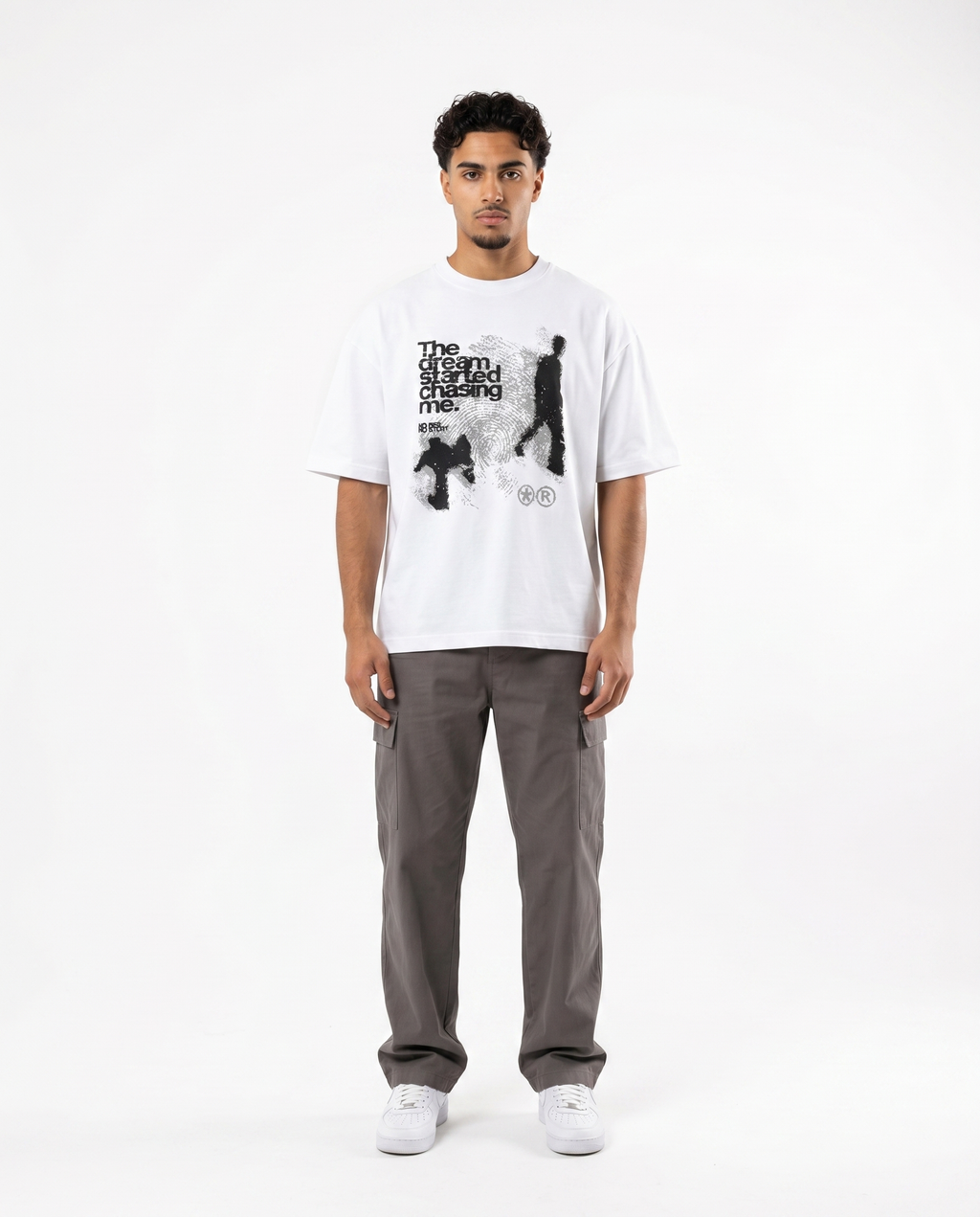 Model wearing The Dream Started Chasing Me oversized graphic tee