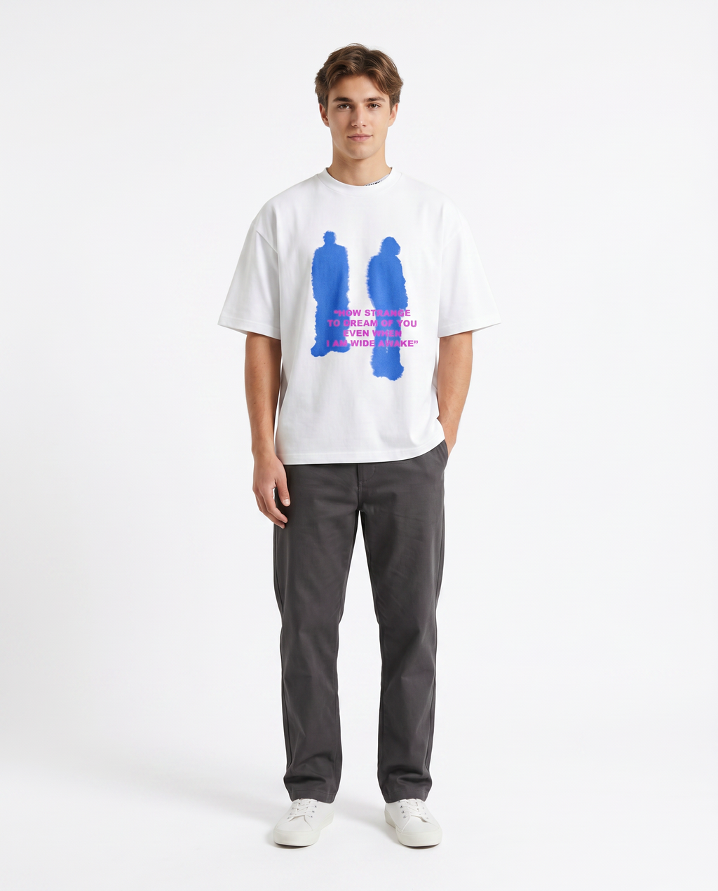 Model wearing the How Strange To Dream Of You oversized graphic tee