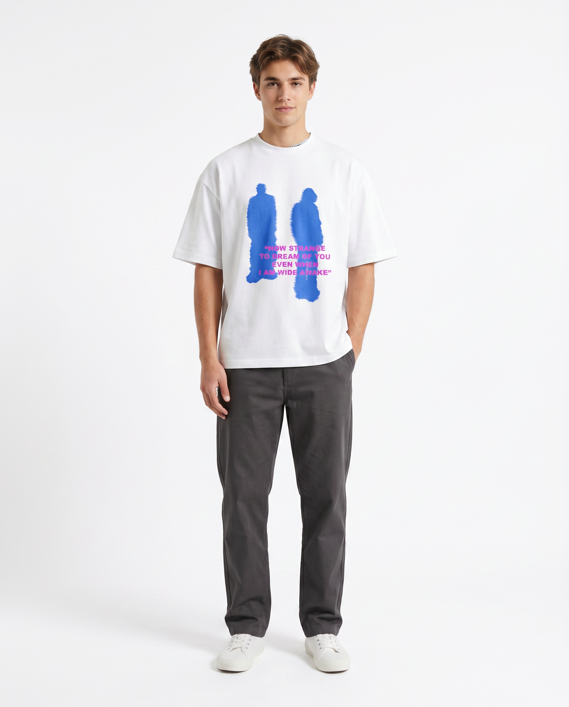Model wearing the How Strange To Dream Of You oversized graphic tee