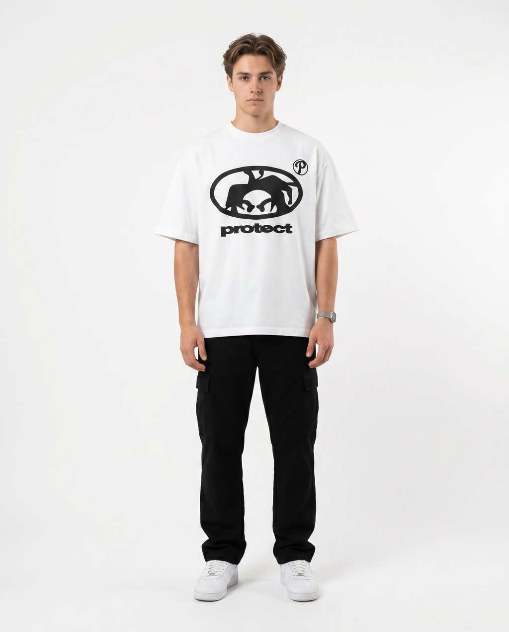 Model wearing the Protect oversized graphic tee, streetwear