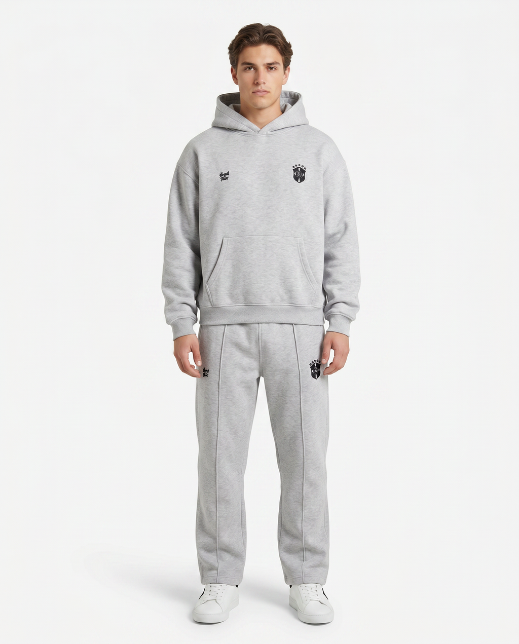 Grey and black two-piece sweatsuit set on model, streetwear