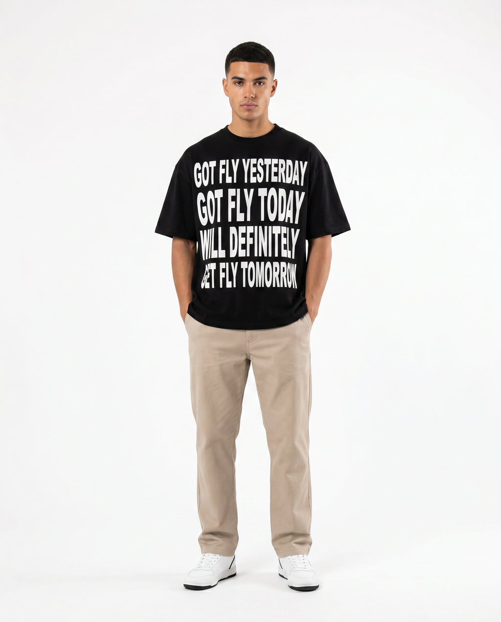 Got Fly oversized graphic tee in black on model