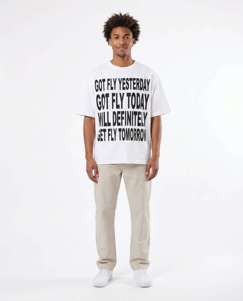 Got Fly oversized graphic tee in white on model