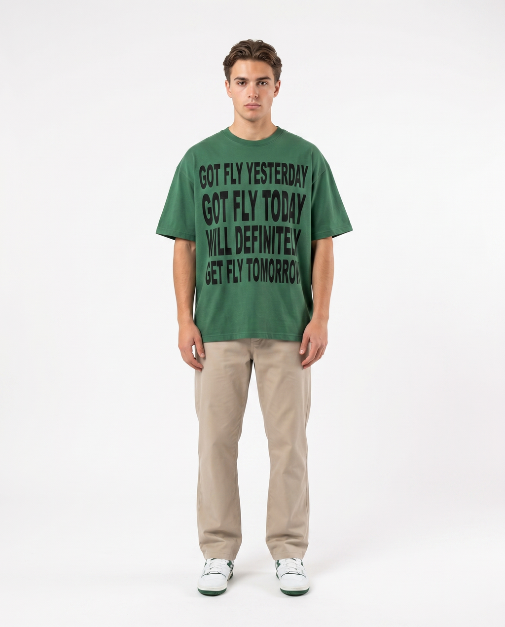 Got Fly oversized graphic tee in green on model