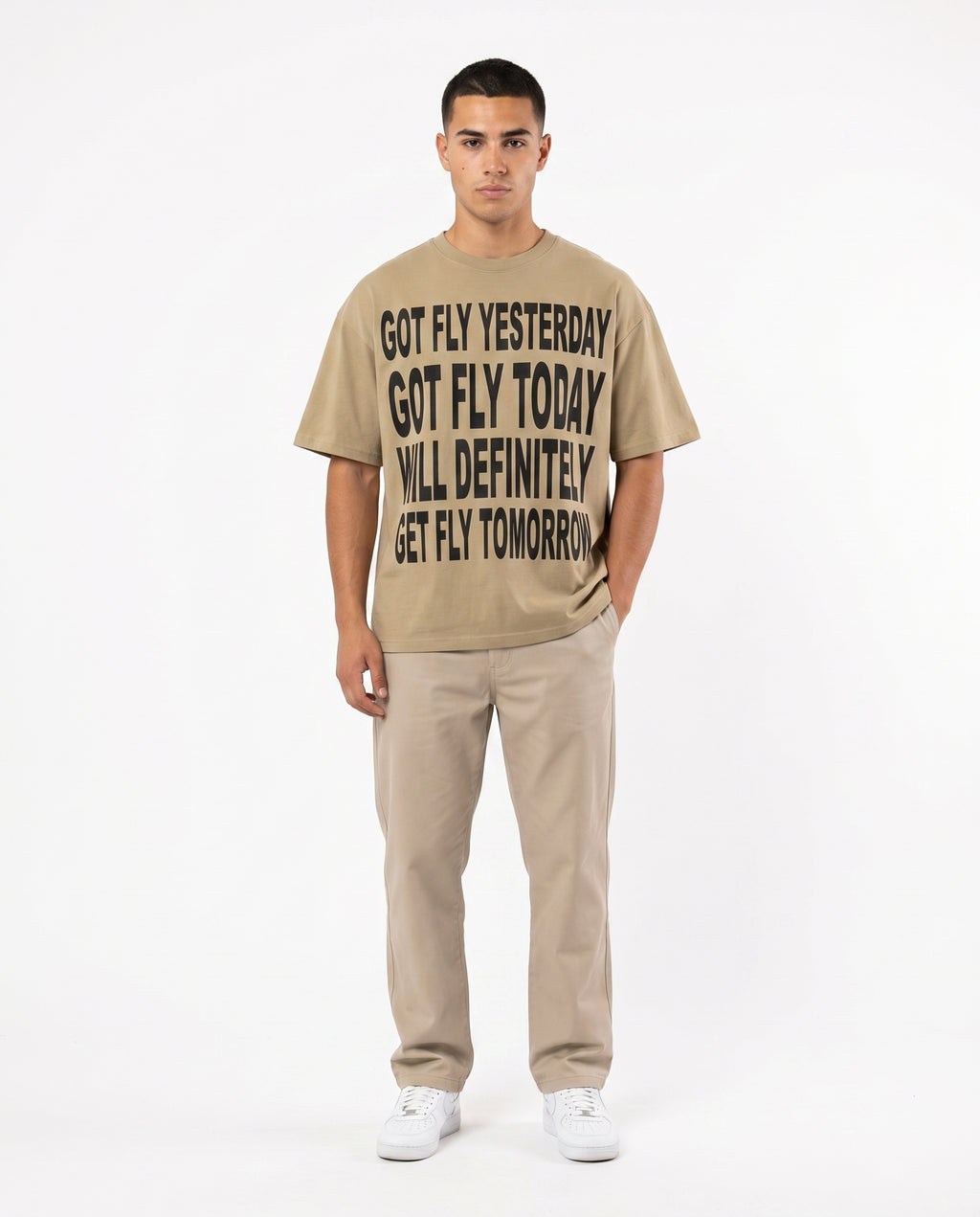 Got Fly oversized graphic tee in khaki on model