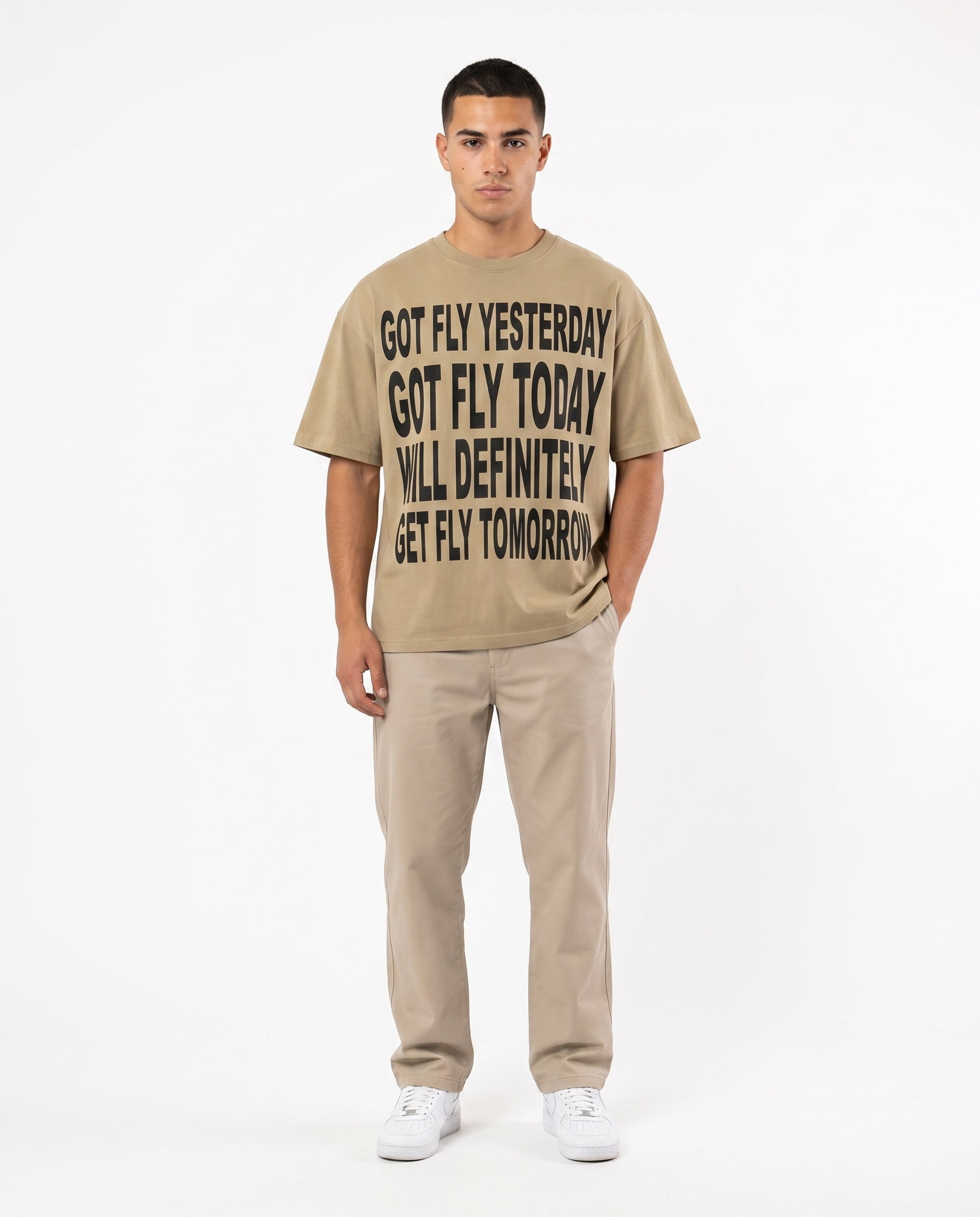 Got Fly oversized graphic tee in khaki on model