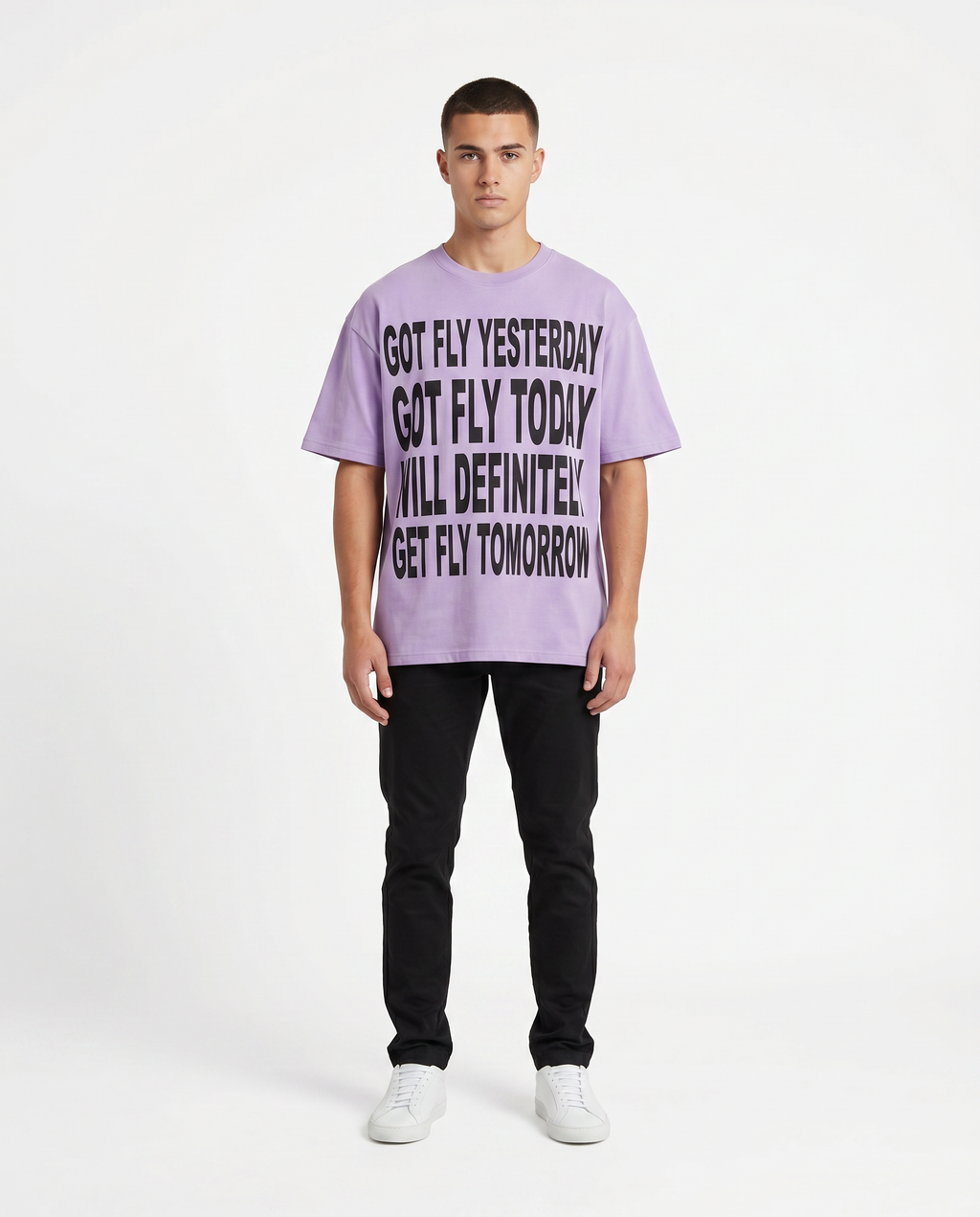 Got Fly oversized graphic tee in lavender on model