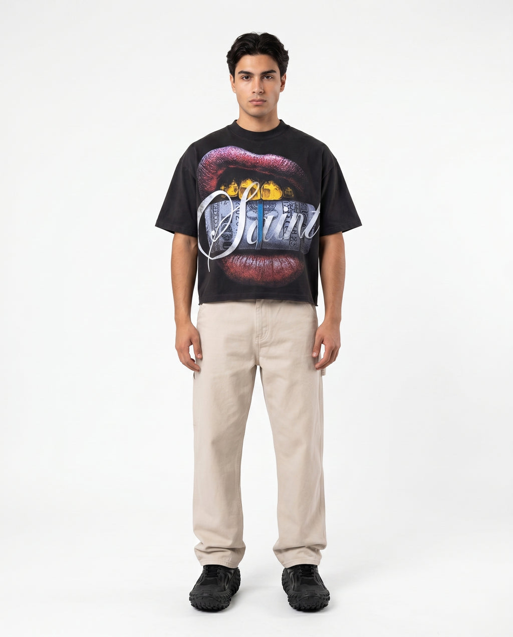 Model in the black boxy cropped graphic streetwear tee (print 3)