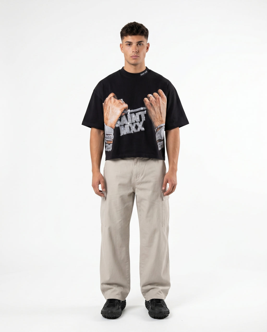 Black boxy cropped graphic tee, Y2K streetwear fit on model (print 4)