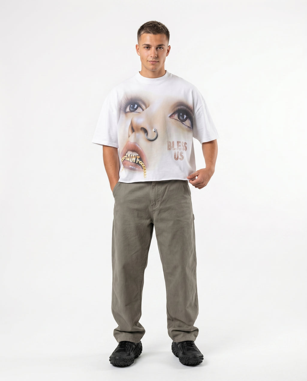 Black boxy cropped graphic streetwear tee on model (print 6)