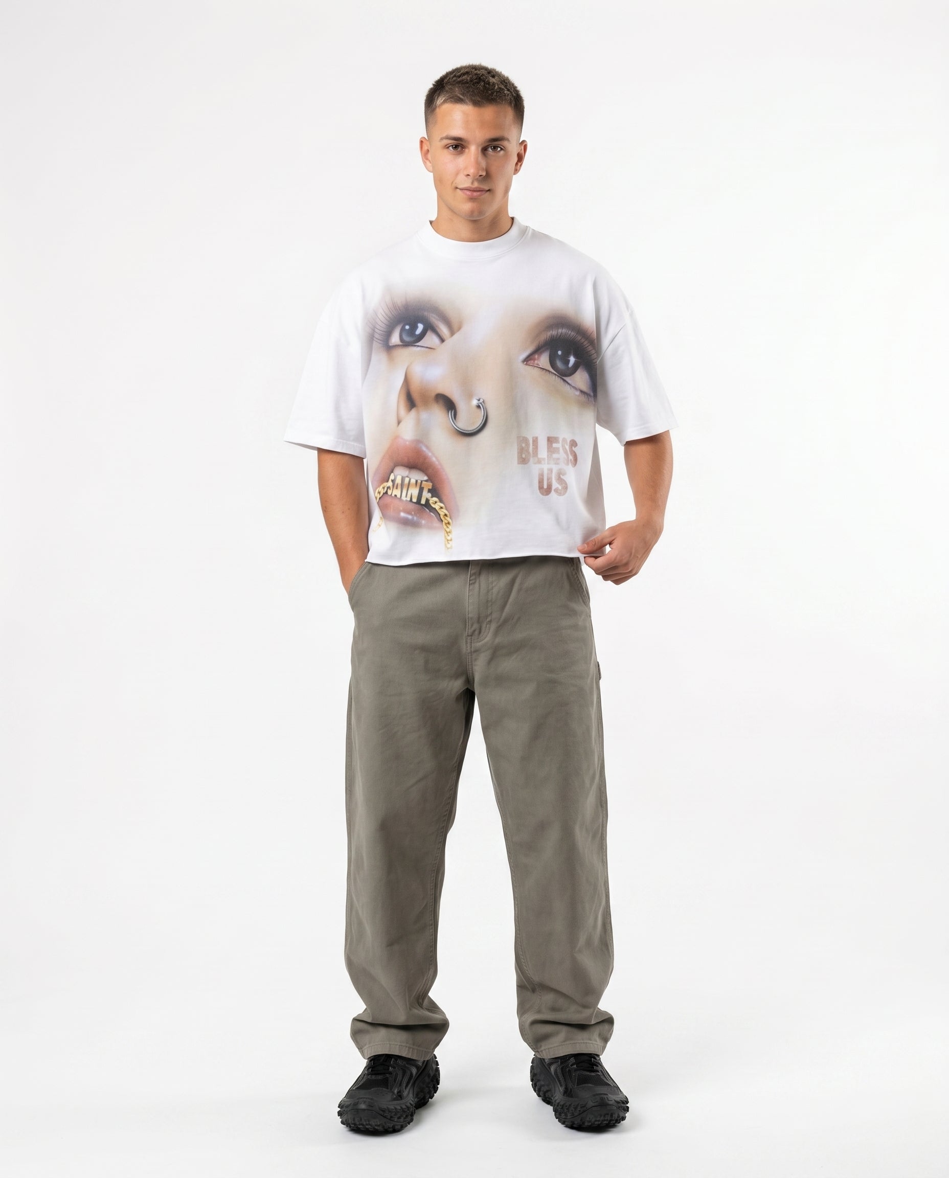 Black boxy cropped graphic streetwear tee on model (print 6)
